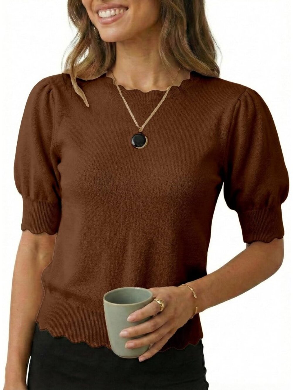Women's Deep Coffee Short Sleeve Crew Neck Pull On Imported Casual Sweater
